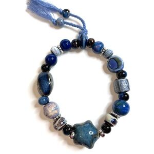Blue Star Bracelet Tan Speckled Ceramic Beads Tassels Stretchy